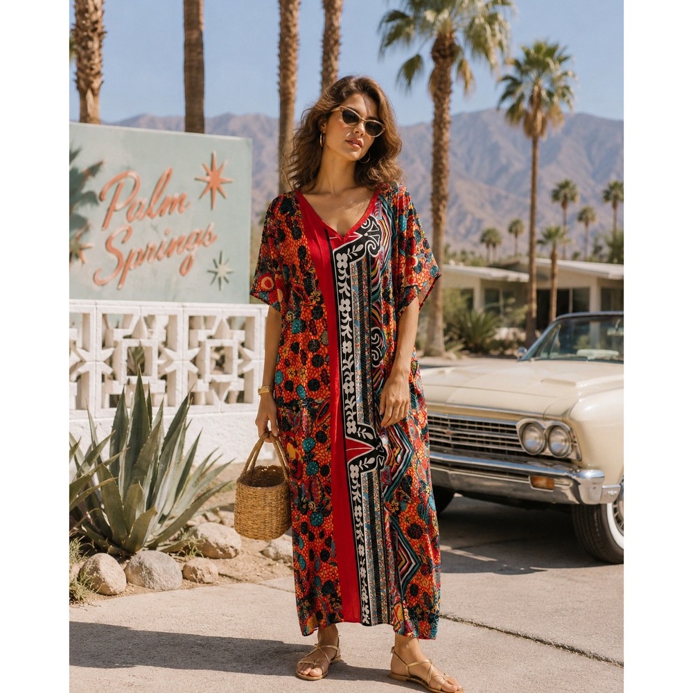 Vintage Handmade Red Multicolor Mixed Print Kaftan Maxi Dress V-Neck